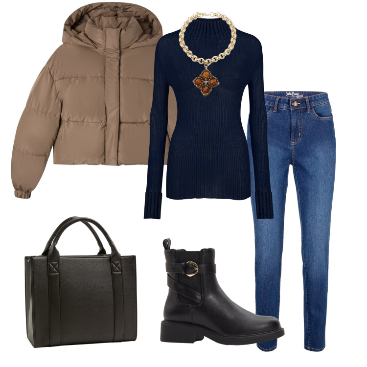 Outfit donna - Inverno alle porte. Stile Casual per Tutti i giorni. Abbinamento con jeans skinny, stivaletti chelsea, borse tote, bomber, collane, maglieria.