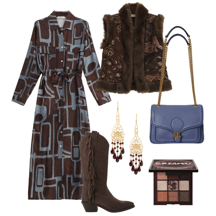 Outfit donna - Chic in mood boho. Stile Boho per Serata fuori. Abbinamento con ombretti, gilet, stivali, vestiti lunghi, borse a spalla, orecchini.