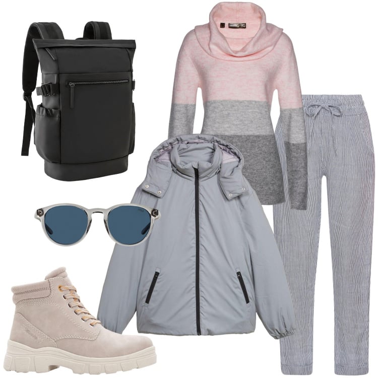 Outfit donna - Giornata autunnale in montagna. Stile Sporty chic per Tutti i giorni. Abbinamento con pantaloni, stivaletti, maglieria, blazer, zaini, occhiali da sole.