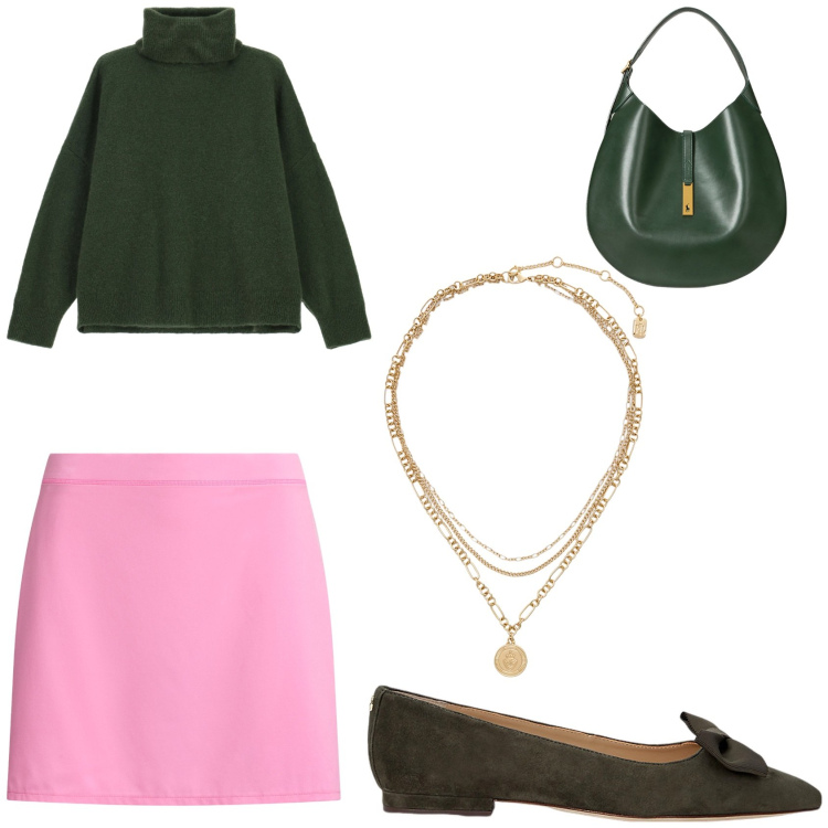 Outfit donna - Rosa e verde. Stile Casual chic per Ufficio. Abbinamento con maglieria, ciondoli, ballerine, borse a spalla, minigonne.