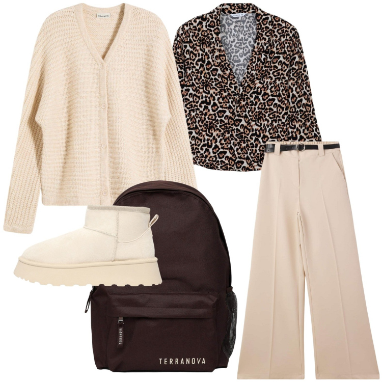 Outfit donna - Lo zaino cioccolato. Stile Etnico per Scuola/Università. Abbinamento con cardigans, camicie, pantaloni, zaini, stivaletti.