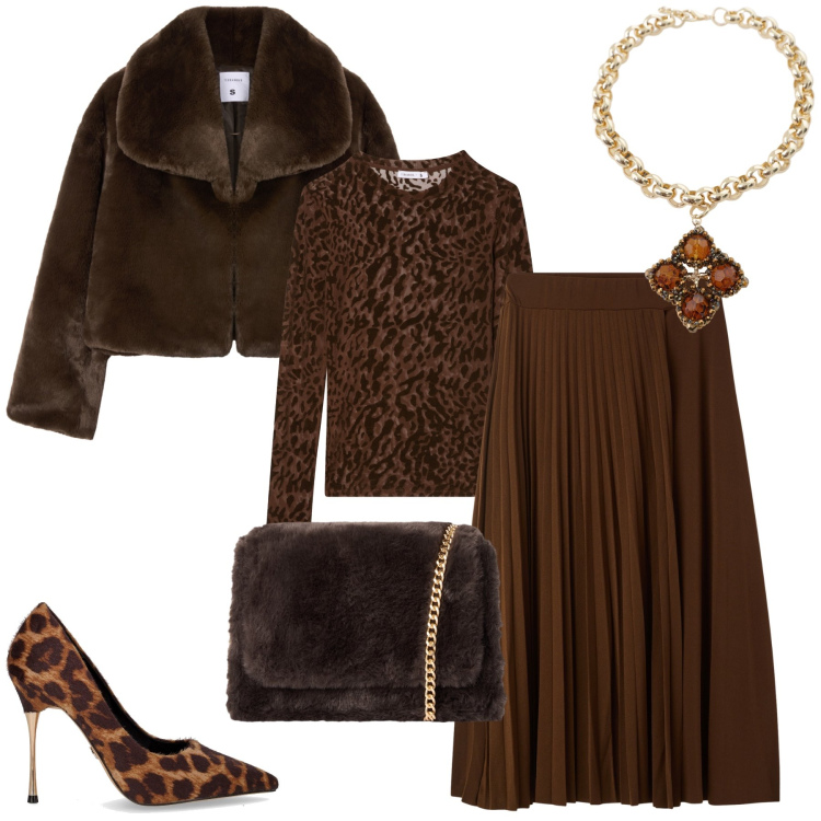 Outfit donna - Passione animalier. Stile Glamour per Serata fuori. Abbinamento con t-shirt, gonne lunghe, borse a tracolla, ecopellicce, collane, décolleté.