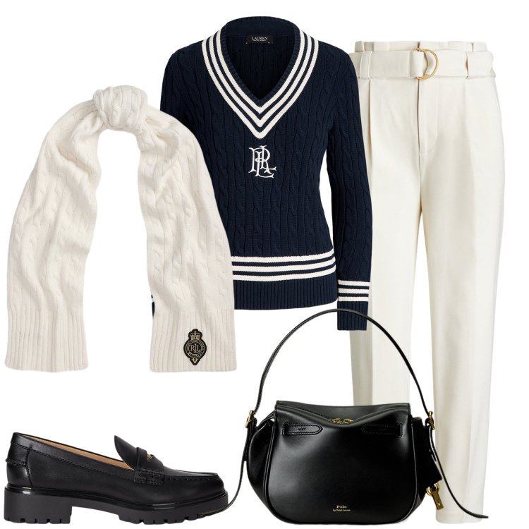 Outfit donna - Colazione al country club. Stile Bon Ton per Tutti i giorni. Abbinamento con pantaloni, borse a mano, mocassini, maglieria, sciarpe.