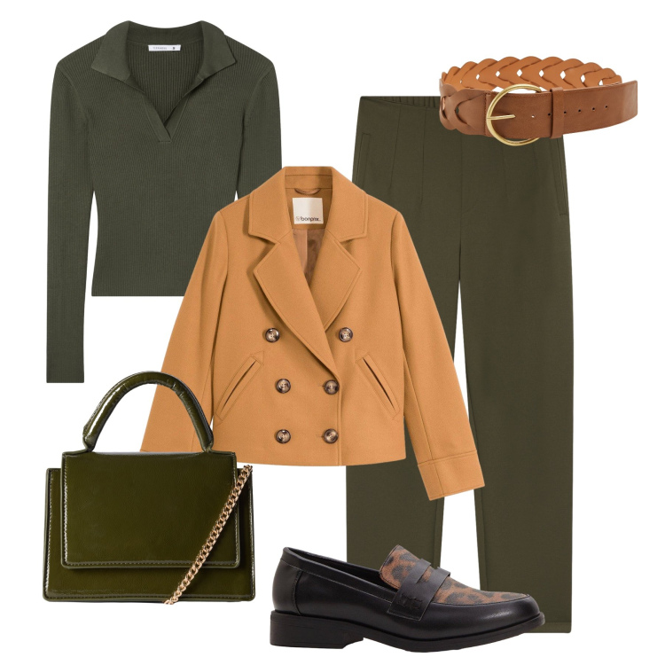Outfit donna - Autunno verde e nocciola. Stile Casual chic per Tutti i giorni. Abbinamento con caban, mocassini, pantaloni chino, maglieria, cinture, borse a tracolla.