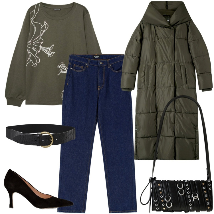 Outfit donna - Felpa e cappotto verde militare. Stile Urban per Ufficio. Abbinamento con cappotti, borse a spalla, cinture, jeans dritti, décolleté, felpe.