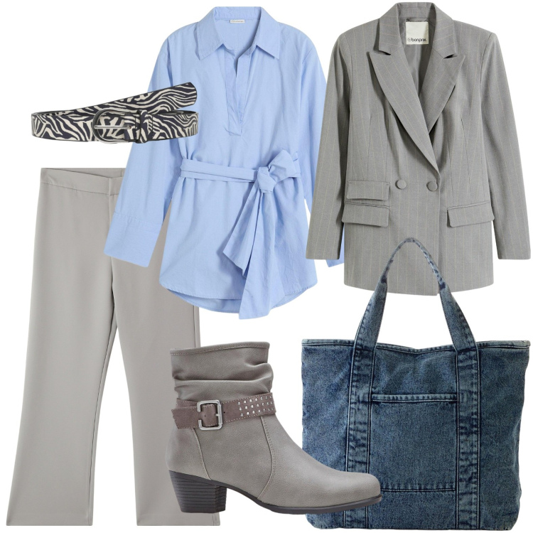 Outfit donna - La camicia annodata. Stile Casual per Scuola/Università. Abbinamento con stivaletti, blazer, shopping bag, camicie, pantaloni, cinture.