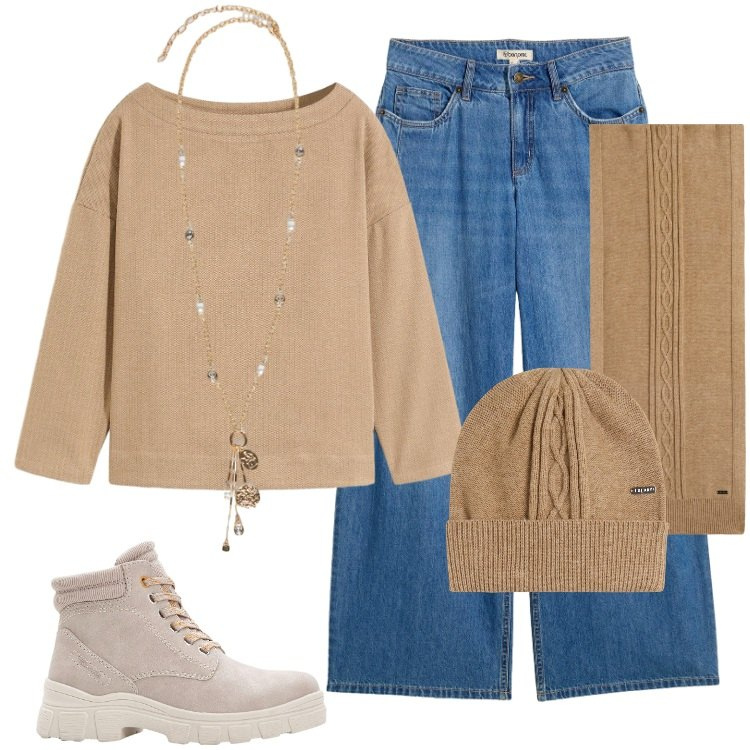 Outfit donna - Total look #2262298. Stile Trendy per Tutti i giorni. Abbinamento con maglieria, jeans, stivaletti, sciarpe, berretti, ciondoli.