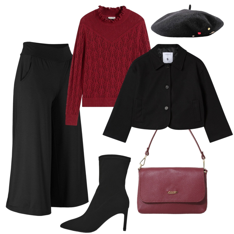 Outfit donna - Serata informale. Stile Trendy per Serata fuori. Abbinamento con cappelli e berretti, pantaloni culotte, maglieria, stivali, blazer, borse a tracolla.