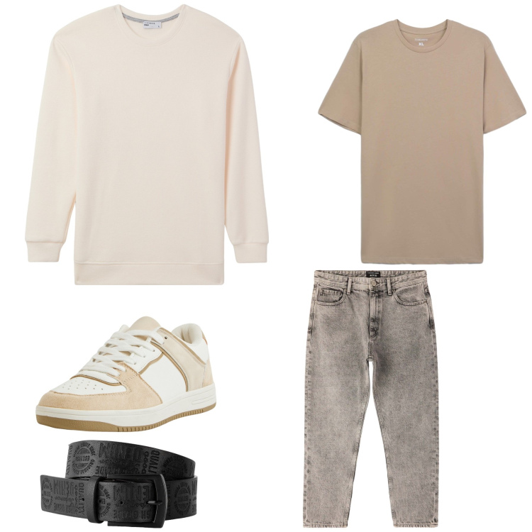 Outfit uomo - Casual. Abbinamento con cinture, sneakers, maglieria, t-shirt, jeans dritti.