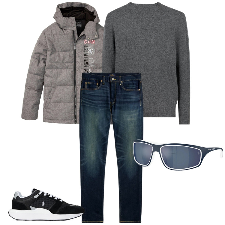Outfit uomo - Total look #2262302. Stile Urban per Tutti i giorni. Abbinamento con giacche, jeans, sneakers, occhiali da sole, maglieria.