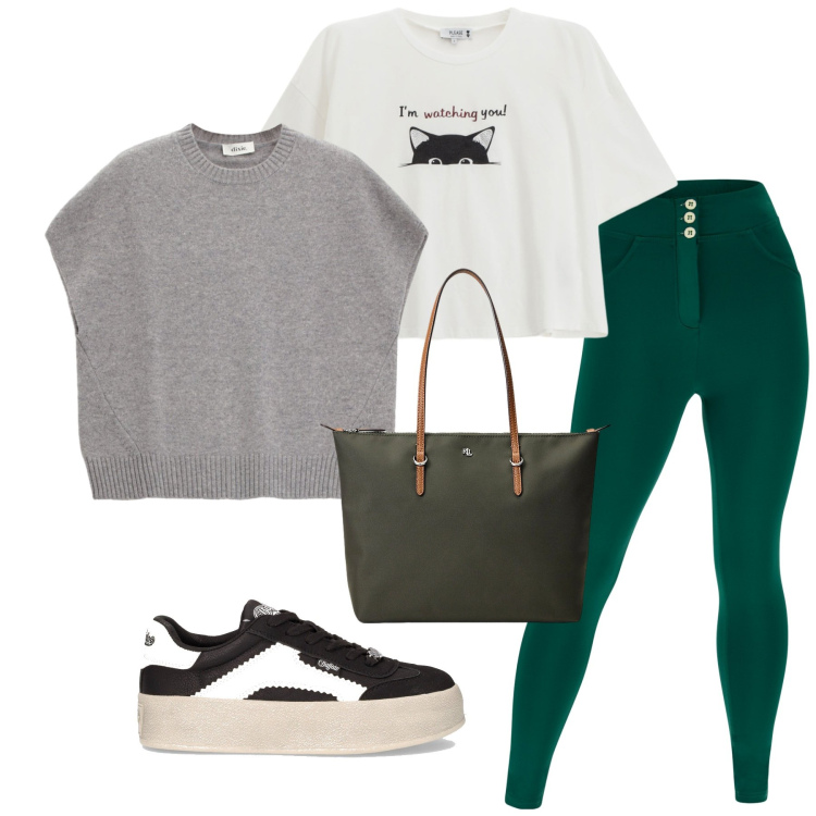 Outfit donna - Total look #2262303. Stile Sporty chic per Scuola/Università. Abbinamento con t-shirt, pantaloni skinny, maglieria, borse tote, sneakers.