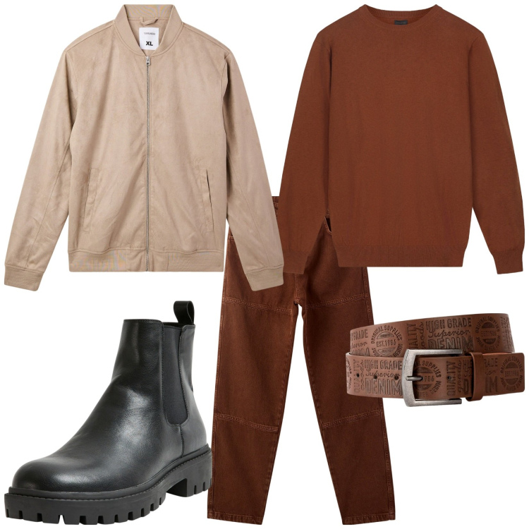 Outfit uomo - Total look #2262304. Stile Urban per Tutti i giorni. Abbinamento con cinture, stivali e stivaletti, bomber, pantaloni, maglieria.