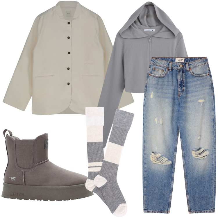 Outfit donna - Sportiva con stile. Stile Trendy per Tutti i giorni. Abbinamento con stivaletti, felpe con cappuccio, jeans mom, calzini, giacche.