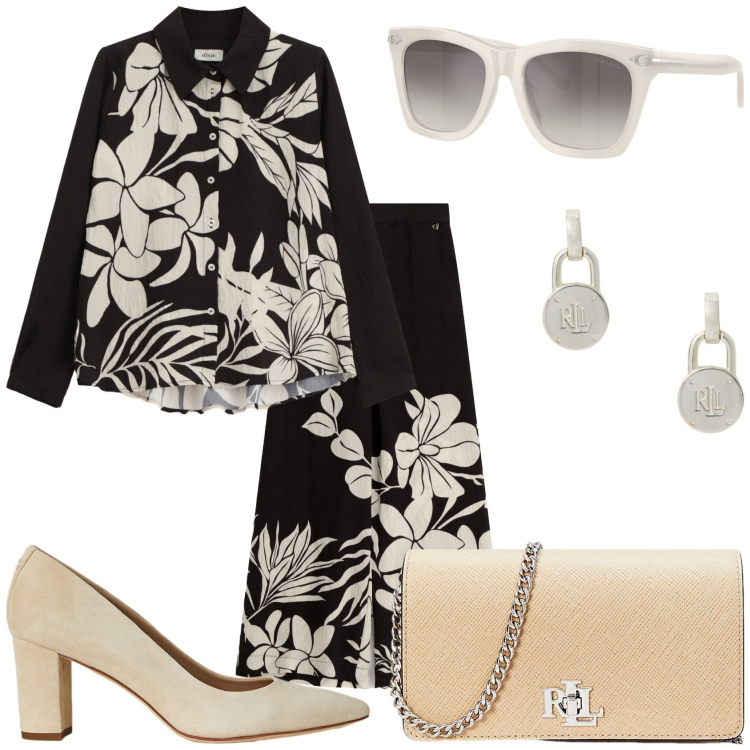 Outfit donna - Pranzo a fiori. Stile Glamour per Tutti i giorni. Abbinamento con pantaloni a palazzo, camicie, orecchini, borse a tracolla, décolleté, occhiali da sole.