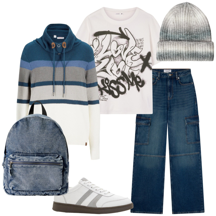 Outfit donna - Total look #2262307. Stile Urban per Scuola/Università. Abbinamento con maglieria, sneakers, jeans, zaini, berretti, t-shirt.