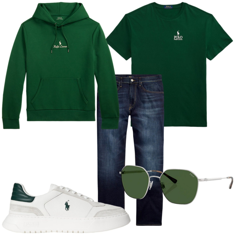 Outfit uomo - Verde libero. Stile Urban per Tutti i giorni. Abbinamento con occhiali da sole, jeans dritti, sneakers, felpe con cappuccio, t-shirt.