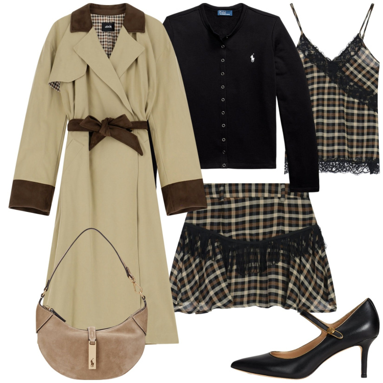 Outfit donna - Total look #2262309. Stile Trendy per Serata fuori. Abbinamento con trench, minigonne, top, borse a spalla, cardigans, décolleté.