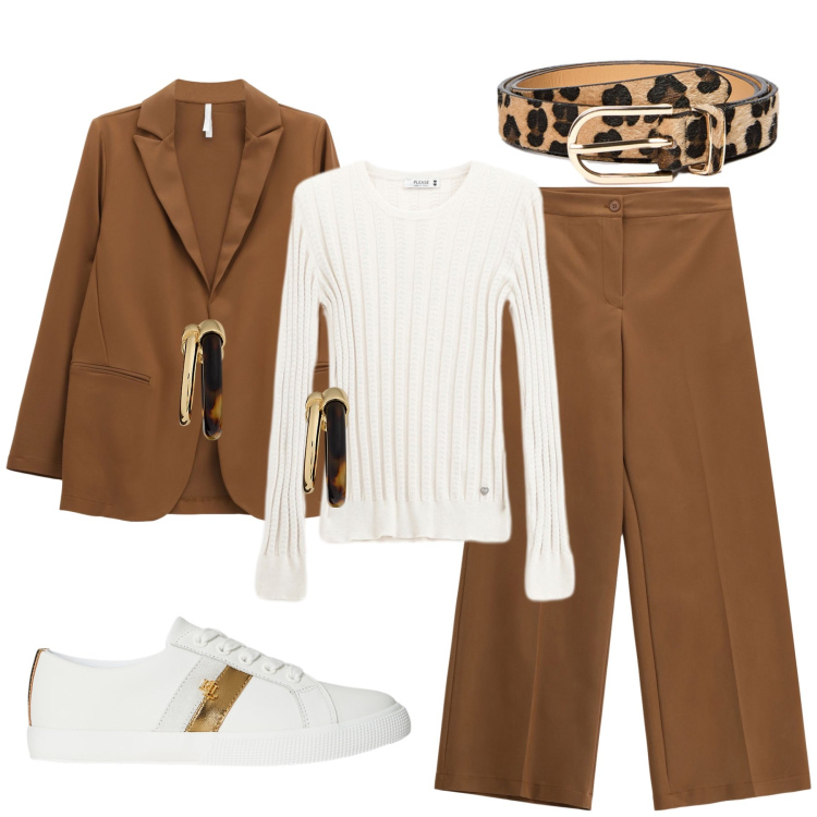 Outfit donna - Un completo con le sneakers. Stile Glamour per Ufficio. Abbinamento con pullovers, pantaloni a palazzo, blazer, sneakers, orecchini, cinture.