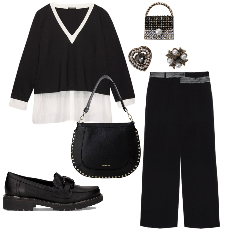 Outfit donna - Total look #2262312. Stile Minimal per Ufficio. Abbinamento con borse a spalla, accessori per capelli, camicie, mocassini, pantaloni.