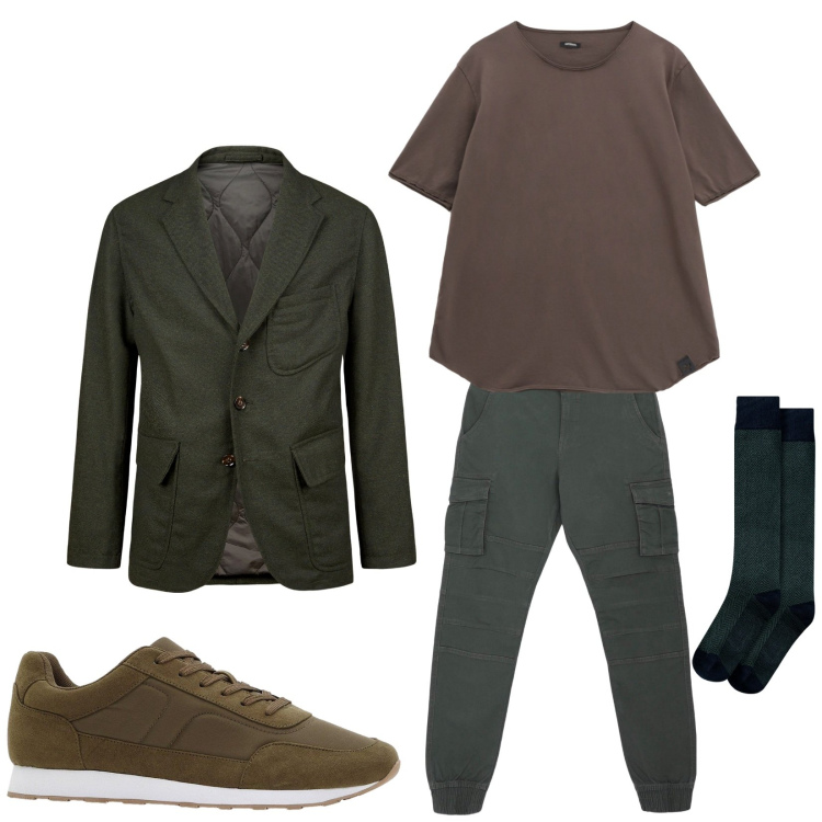Outfit uomo - Total look #2262314. Stile Trendy per Serata speciale. Abbinamento con sneakers, pantaloni cargo, t-shirt, giacche, calzini.
