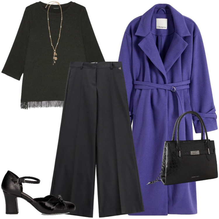 Outfit donna - Minimal autunnale. Stile Minimal per Tutti i giorni. Abbinamento con cappotti, borse a mano, pantaloni a palazzo, bluse, décolleté, ciondoli.