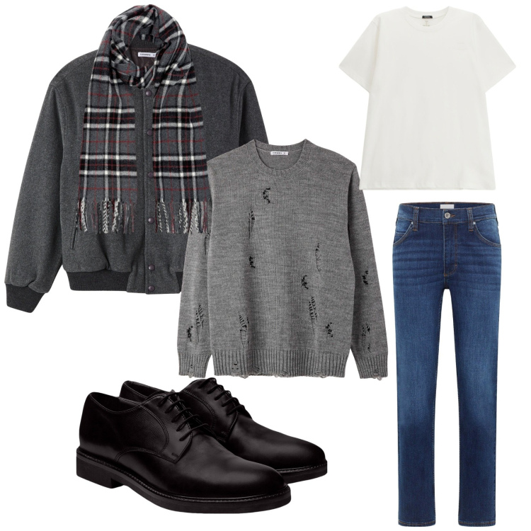 Outfit uomo - Total look #2262319. Stile Trendy per Tutti i giorni. Abbinamento con jeans dritti, bomber, maglieria, t-shirt, scarpe stringate, sciarpe.