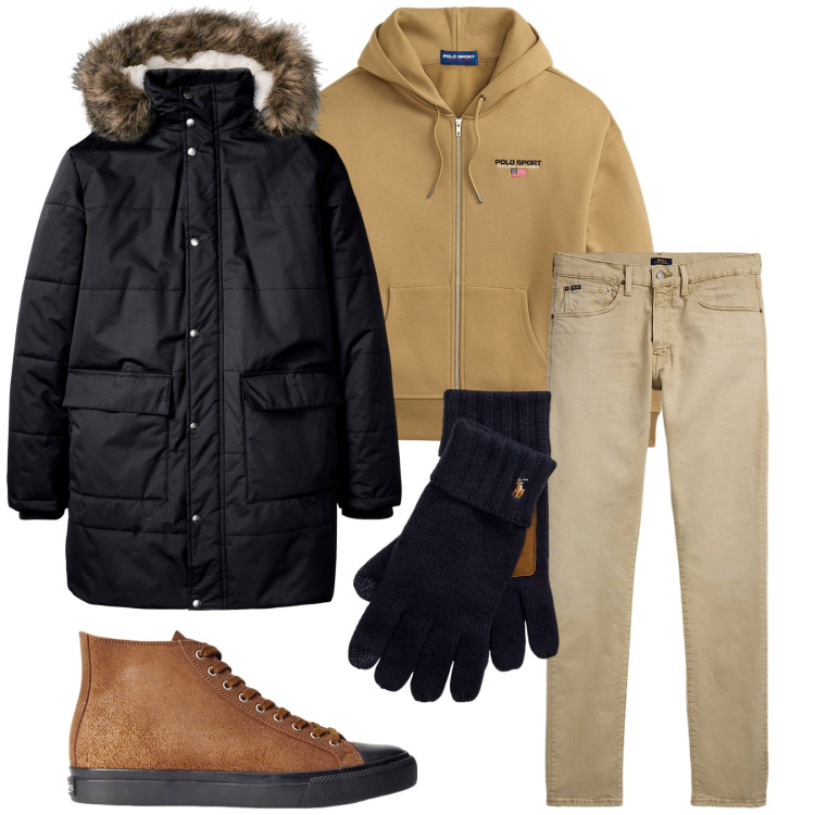 Outfit uomo - Total look #2262328. Stile Urban per Tutti i giorni. Abbinamento con giacche, sneakers, guanti, jeans, felpe con cappuccio.