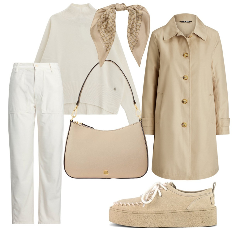 Outfit donna - Minimal autunnale. Stile Minimal per Ufficio. Abbinamento con maglieria, trench, borse a spalla, pantaloni, foulard, mocassini.