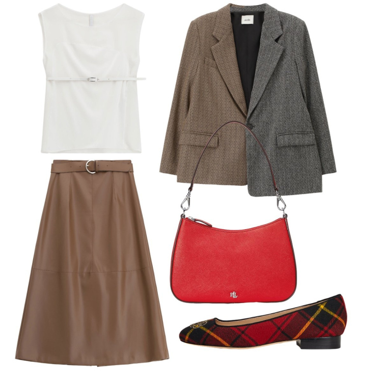 Outfit donna - Minimal autunnale. Stile Minimal per Ufficio. Abbinamento con gonne lunghe, top, blazer, borse a spalla, ballerine.
