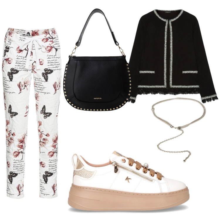 Outfit donna - Spiritosa con i pantaloni fantasia. Stile Casual per Tutti i giorni. Abbinamento con pantaloni, borse a spalla, cardigans, cinture, sneakers.
