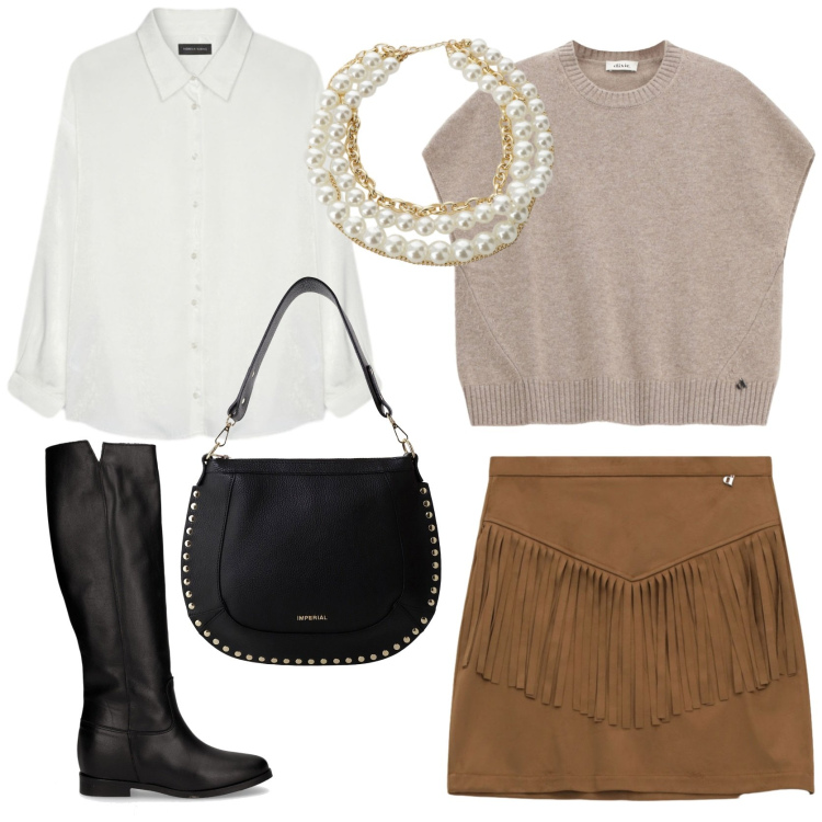 Outfit donna - Il ritorno delle frange. Stile Trendy per Tutti i giorni. Abbinamento con minigonne, collane, maglieria, borse a spalla, stivali, camicie.