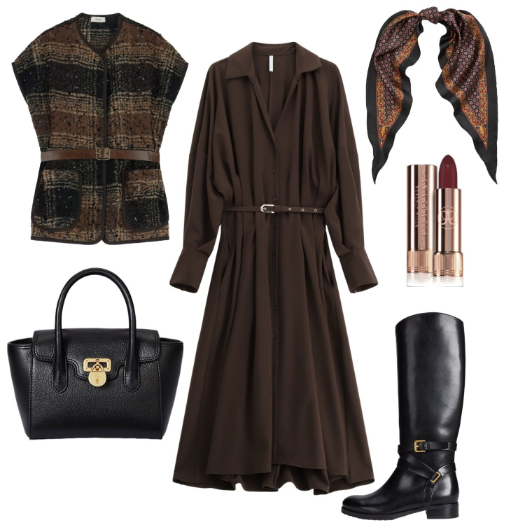 Outfit donna - Serata boho chic. Stile Boho per Serata fuori. Abbinamento con rossetti, vestiti lunghi, gilet, borse a mano, stivali, foulard.