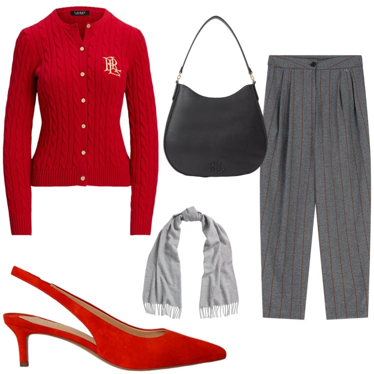 Outfit donna - Il gessato in ufficio. Stile Casual chic per Ufficio. Abbinamento con pantaloni, décolleté, cardigans, sciarpe, borse a spalla.
