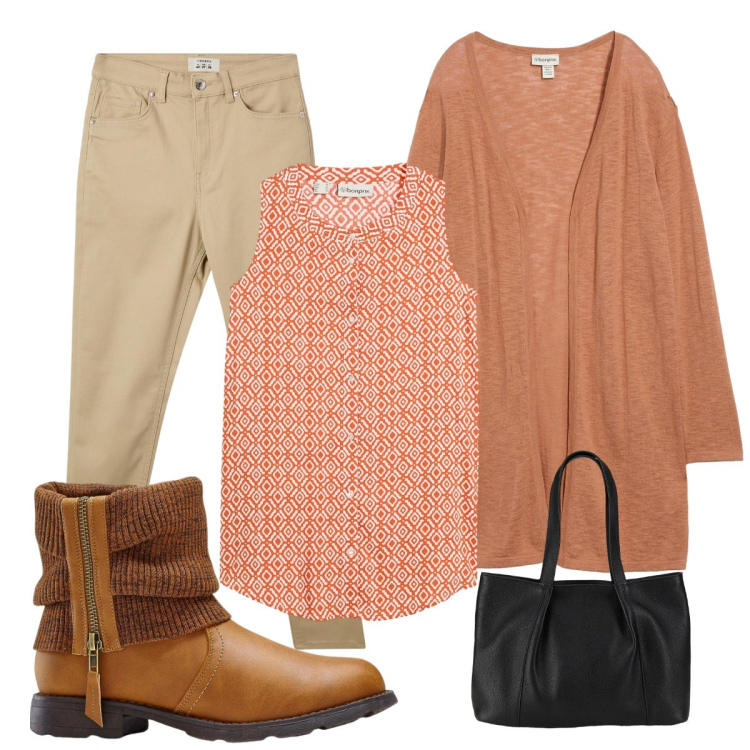 Outfit donna - Total look #2262339. Stile Casual per Tutti i giorni. Abbinamento con stivaletti, bluse, cardigans, shopping bag, pantaloni skinny.