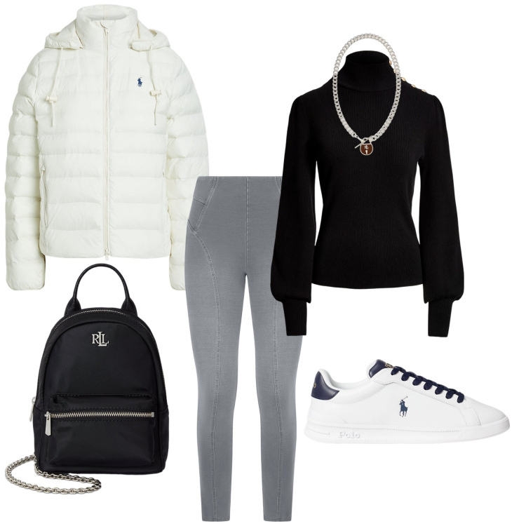 Outfit donna - Total look #2262341. Stile Casual chic per Tutti i giorni. Abbinamento con jeggings, sneakers, maglieria, giacche, ciondoli, zaini.