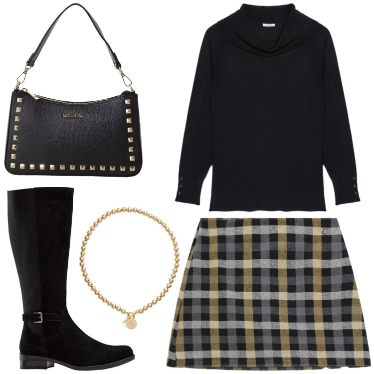 Outfit donna - Tartan in autunno. Stile Trendy per Tutti i giorni. Abbinamento con stivali, minigonne, pochette, collane, maglieria.