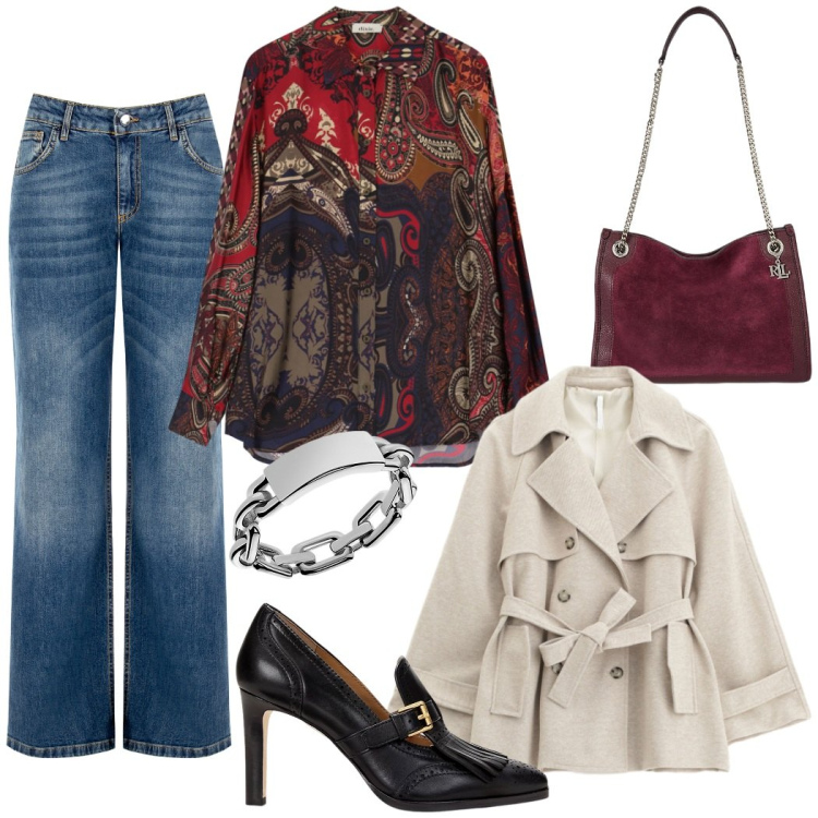 Outfit donna - Total look #2262344. Stile Chic per Ufficio. Abbinamento con jeans, trench, camicie, anelli, décolleté, borse tote.