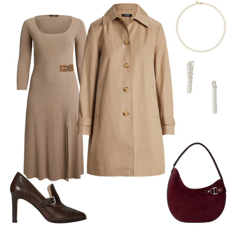 Outfit donna - Trench e abito. Stile Casual chic per Tutti i giorni. Abbinamento con vestiti, trench, décolleté, orecchini, collane, borse a spalla.