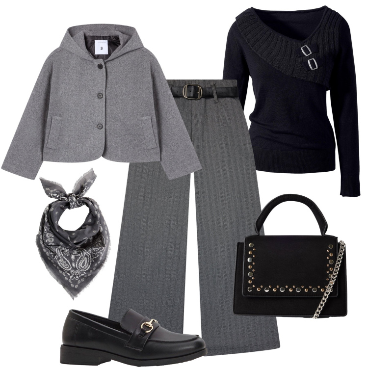 Outfit donna - Autunno da mattina a sera. Stile Glamour per Tutti i giorni. Abbinamento con maglieria, mocassini, foulard, pantaloni, caban, borse a tracolla.