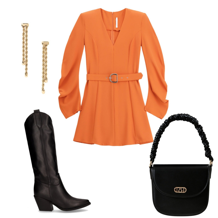 Outfit donna - Spritz hour. Stile Trendy per Serata fuori. Abbinamento con borse a mano, vestiti corti, orecchini, stivali.