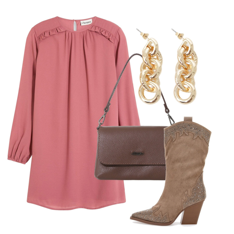Outfit donna - Atmosfere romantiche. Stile Romantica per Tutti i giorni. Abbinamento con vestiti corti, borse a tracolla, orecchini, stivali.