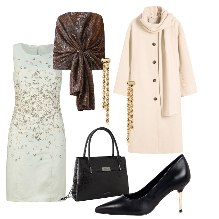 Outfit donna - Total look #2262360. Stile Chic per Serata fuori. Abbinamento con vestiti a tubino, cappotti, borse a mano, décolleté, stole, orecchini.