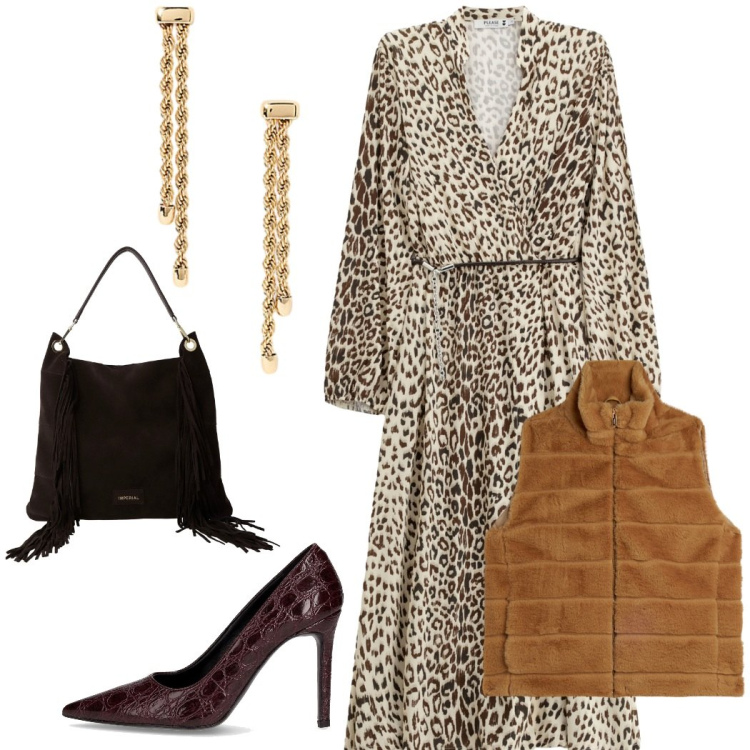 Outfit donna - Total look #2262363. Stile Casual chic per Ufficio. Abbinamento con vestiti midi/longuette, borse a spalla, gilet, orecchini, décolleté.
