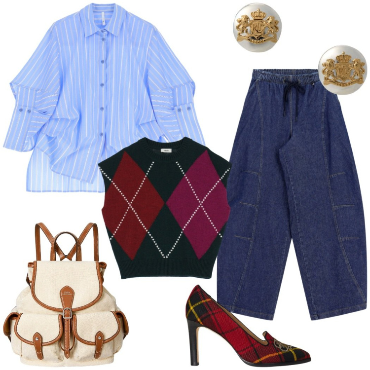 Outfit donna - Urban style. Stile Chic per Tutti i giorni. Abbinamento con pantaloni a palazzo, gilet, camicie, orecchini, zaini, décolleté.