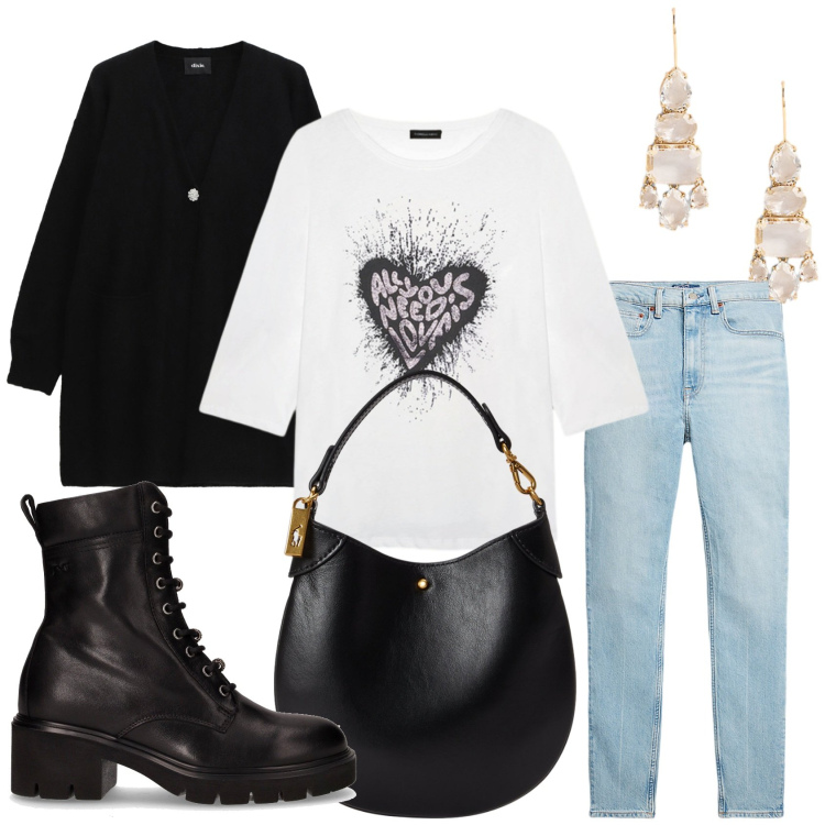 Outfit donna - Una giornata meravigliosa. Stile Casual per Tutti i giorni. Abbinamento con cardigans, jeans slim fit, orecchini, pochette, anfibi, t-shirt.