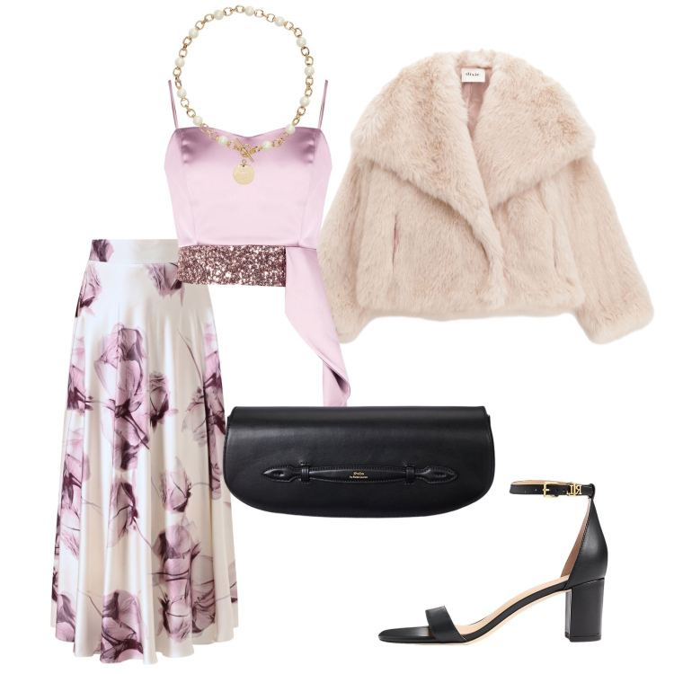 Outfit donna - Total look #2262367. Stile Romantica per Serata fuori. Abbinamento con blazer, top, gonne lunghe, collane, sandali in pelle, clutch.