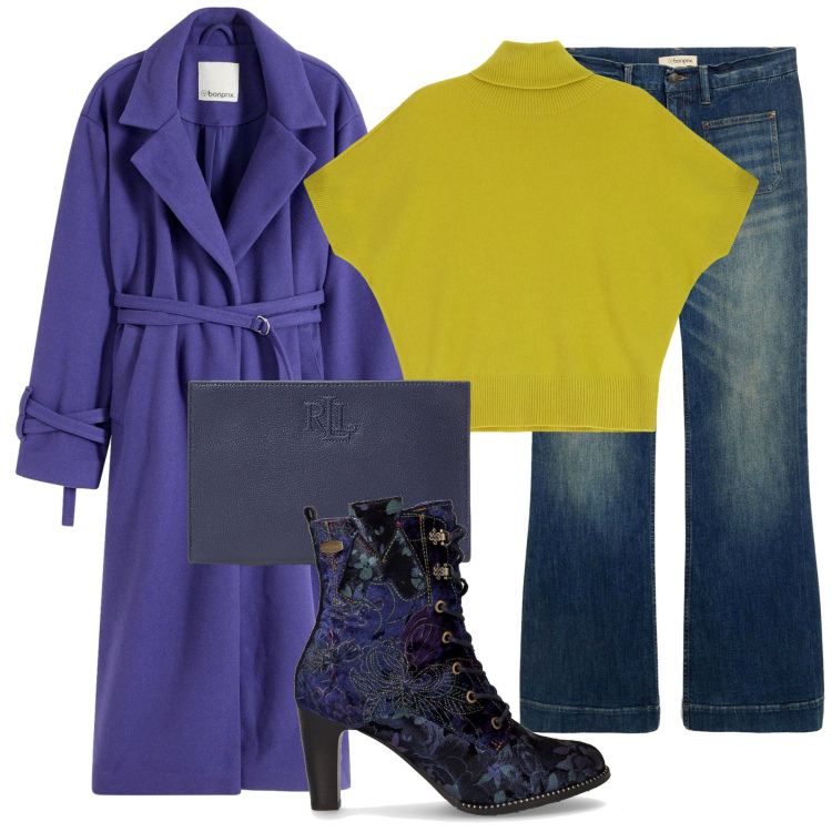 Outfit donna - Autunno acceso. Stile Trendy per Tutti i giorni. Abbinamento con jeans a zampa, cappotti, maglieria, pochette, stivaletti.