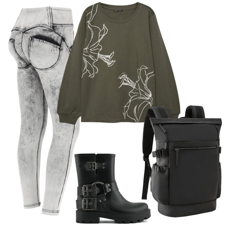Outfit donna - Comodo autunno. Stile Urban per Scuola/Università. Abbinamento con zaini, jeans skinny, stivali, felpe.