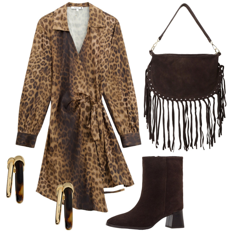 Outfit donna - Life Is a jungle. Stile Trendy per Serata fuori. Abbinamento con stivaletti, vestiti corti, borse a tracolla, orecchini.