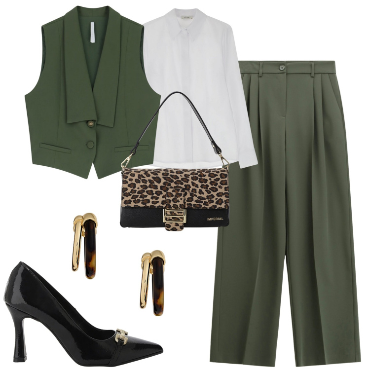 Outfit donna - Fall. Stile Chic per Tutti i giorni. Abbinamento con gilet, pantaloni a palazzo, borse a spalla, décolleté, camicie, orecchini.